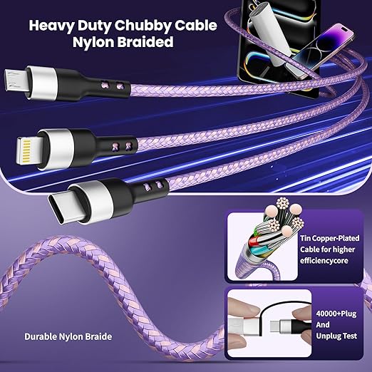 Travel Essentials, 3 in 2 Multi Charging Cable USB C Charger for iPhone 17, Multi Charger Cord with Type C/IP/Micro USB, Compatible for iPhone 17 to 11, Android, Galaxy, iPad, Data Sync, 5 FT