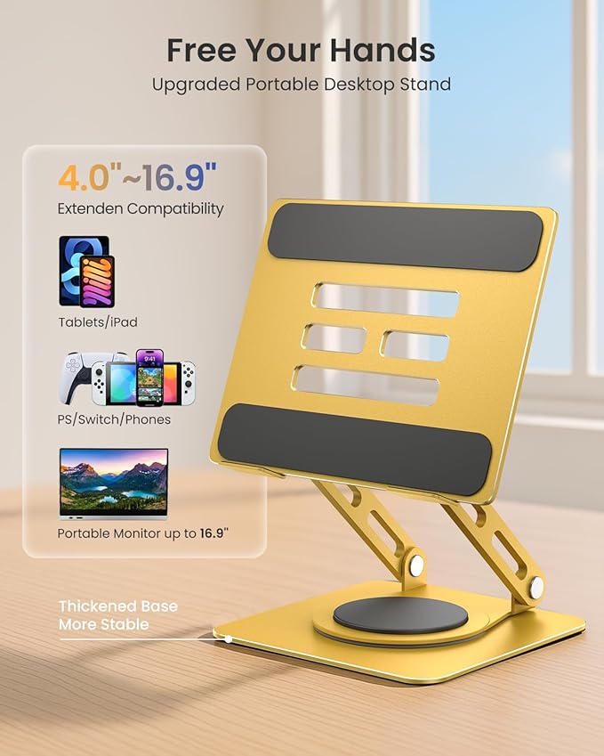 LOXP Metal Tablet Stand, 360 Rotating iPad Stand with Heavy-Duty Base, Tablet Holder Compatible with 4.0-16.9" Device, iPad Pro Air Mini, Kindle, Surface Tablet, Portable Monitors - Gold