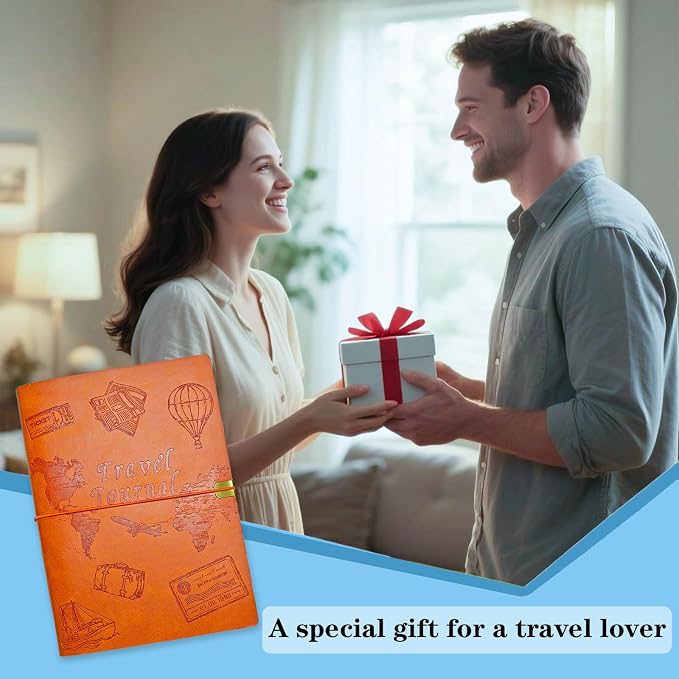 Travel Journal for Women Men and Couples, Leather Travel Notebook with Prompts, Travel Memory Book & Adventure Book (Orange)