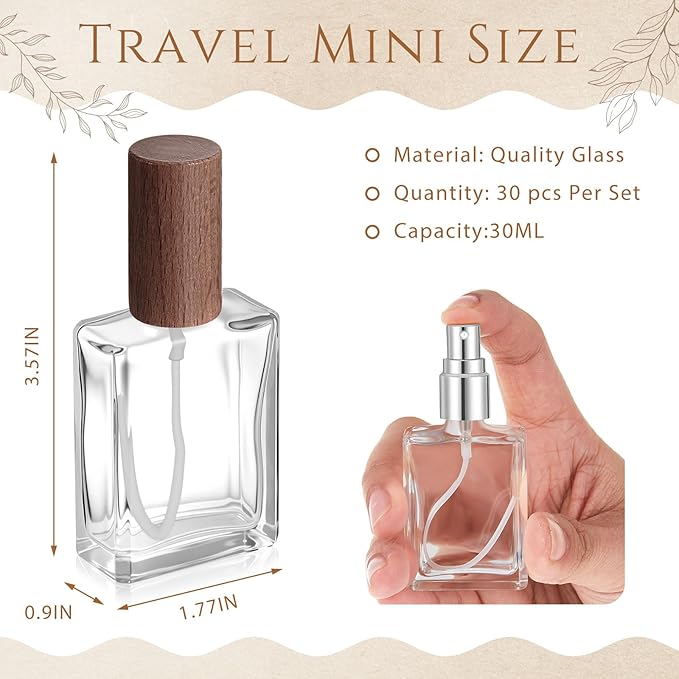 Domensi 30 Pcs 10/15/30/50 ml Glass Perfume Bottles Mini Glass Empty Spray Atomizer Bottles Bulk Refillable Perfume Dispenser Container with Pump Tool for Travel Skin Care (30 ml,Dark Woddy Color)