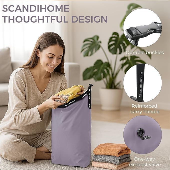 Travel Laundry Bag, Pump Free Vacuum Compression Dirty Clothes Bag Reusable Wet Dry Bags Large Capacity Space Saver Bags Camp Washable Clothes Organizer for Sports Dorm Laundromat (1 Pcs)(Purple, L）