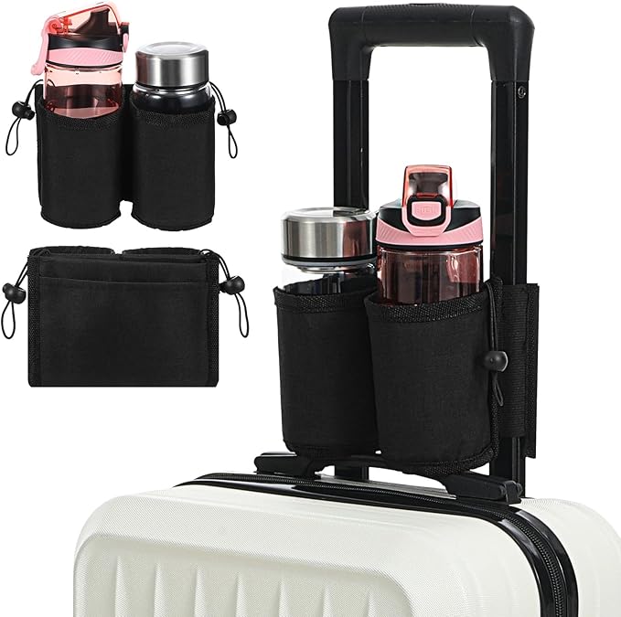 Luggage Travel Cup Holder, Free Hand Drink Caddy Hold Two Coffee Mugs, Fits Roll on Most Suitcase Handles, Gifts for Flight Attendants &Frequent Travelers Accessories