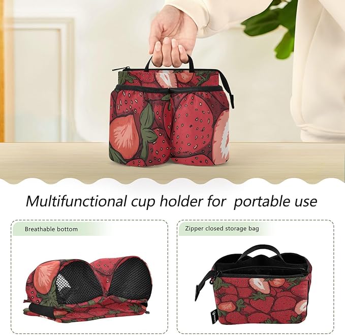 Luggage Cup Holder for Suitcases Free Hands Suitcase Cup Holder Travel Luggage Drink Holder Portable Luggage Cup Caddy Bag Carrier with Handle Cartoon Red Strawberry