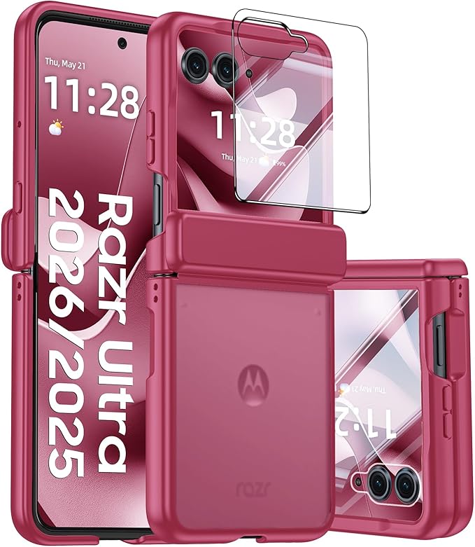 for Motorola Razr Ultra 2026 Case/Razr Ultra 2025 Case with Hinge Protection, Screen Protector, Skin Feel Translucent Frosted, Shockproof Slim Cover for Razr Ultra 2026/2025 -Rose Red