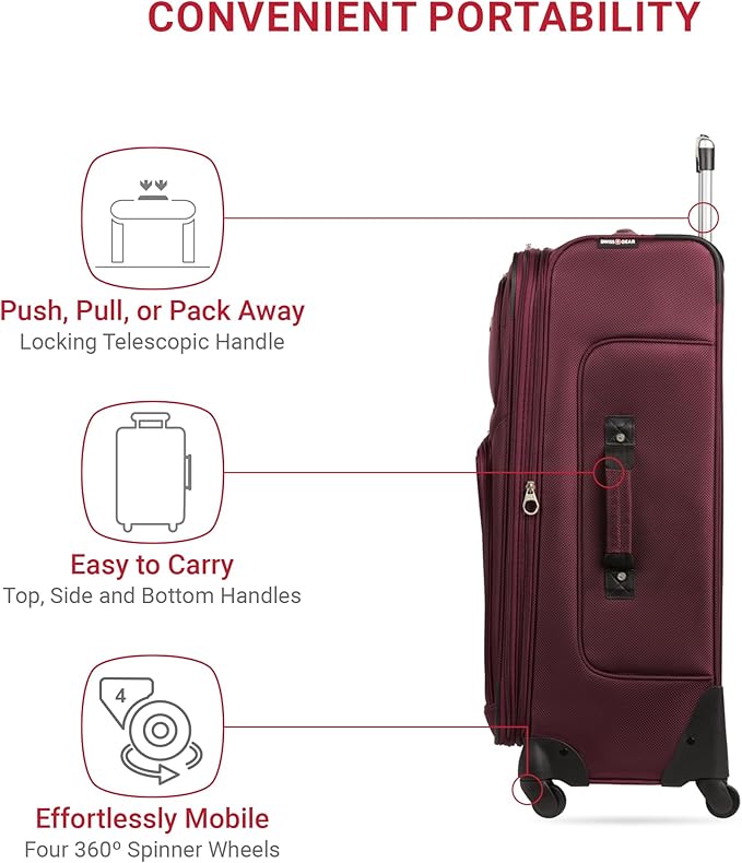 SWISSGEAR Sion Softside Expandable Spinner Luggage Durable Lightweight Travel Suitcase, Merlot, Checked-Large