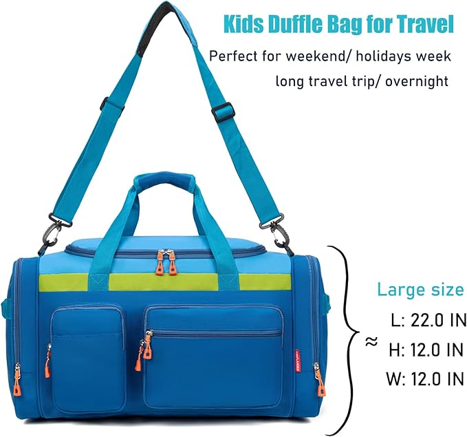Large Kids Duffle Bag for Travel, Overnight, or Weekender, 22" inch (Blue)