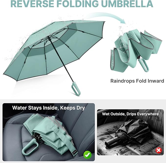G4Free 46inch Ring Buckle Umbrella, Inverted Design with Carabiner Handle, Compact Travel Umbrella with Reflective Strip, Automatic Windproof for Rain