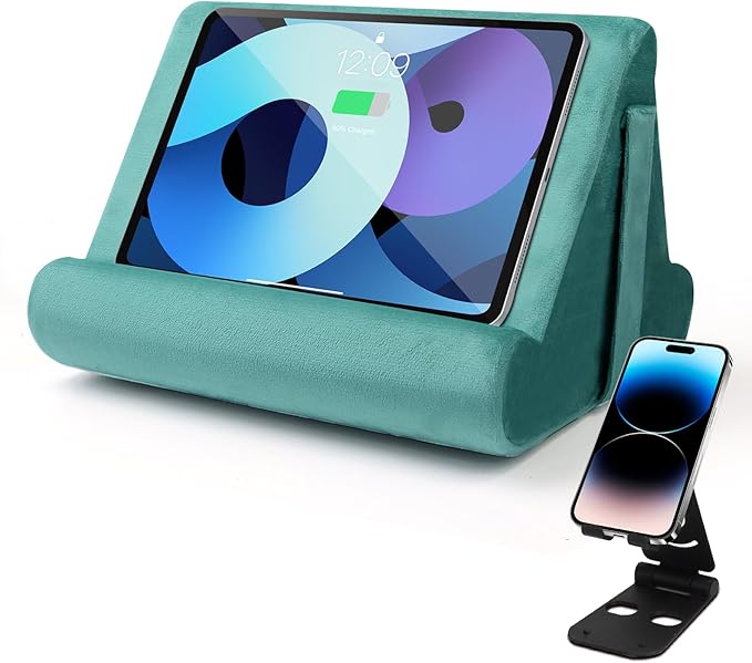 Multi-Angle Tablet Stand with Soft Pad Cushion and Net Pocket - Universal Phone and Pad Holder for Lap, Knee, Sofa and Bed (Light Blue)