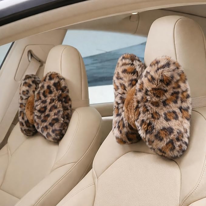 Macarrie 2 Pcs Car Neck Pillow Velvet Bow Headrest Pillow Soft Comfortable Seat Neck Support Cute Bow Car Accessories for Driving Travel Driver Chair Girl Style Interior Decor (Leopard)