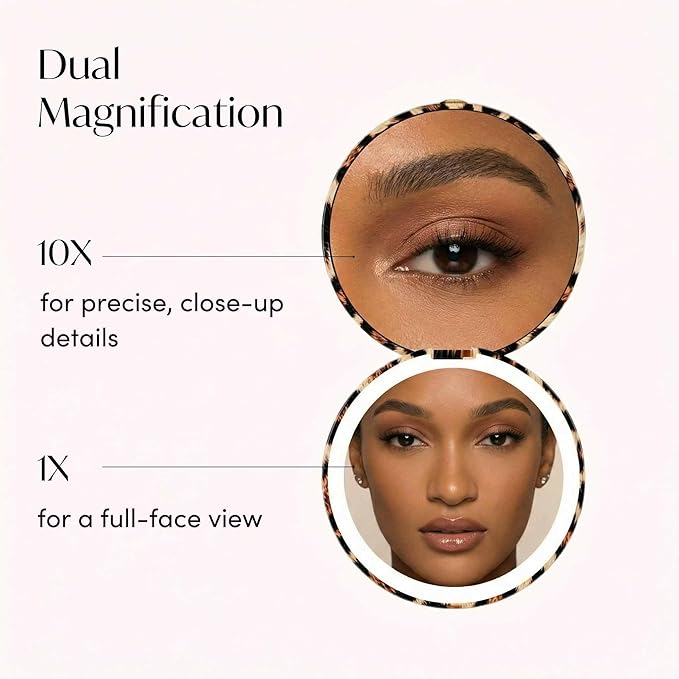 Fancii Mini Taylor Compact Magnifying Mirror with LED Light, 10x/1x, Rechargeable, 3 Light Settings, Dimmable-Small Lighted Travel Handheld Mirror for Pocket, Handbag, Purse, 2-Sided (Cheetah Chic)