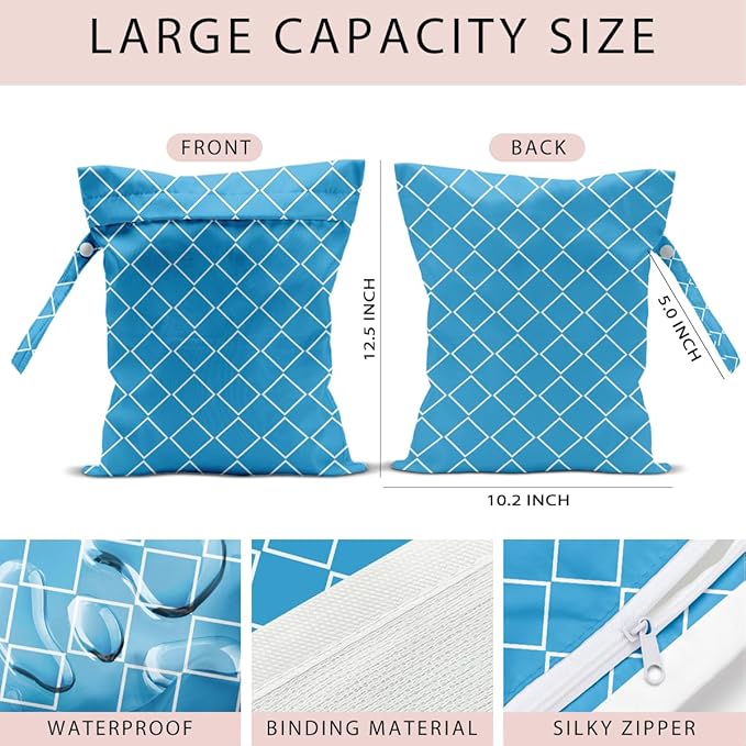 Wet Bag, 4Pcs Wet Dry Bag Set, Reusable Waterproof Bags with Mixed Diamond Lattice & Plaid Prints for Women, Versatile for Beach, Pool & Daily Use