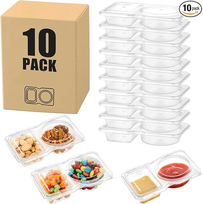 10 Pack 2 Compartment Snack Containers with Lids – Leak-Proof, Reusable Plastic Snack Packs for Adults, Divided Small Snack Containers for Lunch, Meal Prep, Dips, Salads