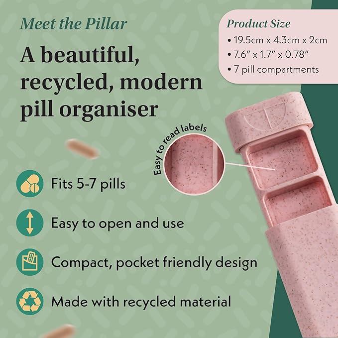Pillar - 7-Day Pill Organizer | Weekly Medicine Pill Container Travel Box - Aesthetic Medication Holder - Stylish Travel Pill Case - Cute Small Medication Organizer 7 Day for Women (Soft Pink)