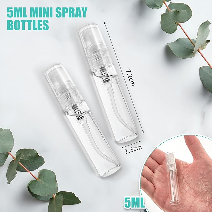 Zhehao 1 Pcs Mini Spray Bottles 5 ml Clear Glass Perfume Bottles Refillable Fine Mist Perfume Atomizer Portable Empty Sample Containers for Cleaning, Essential Oils, Travel (Clear Cap)