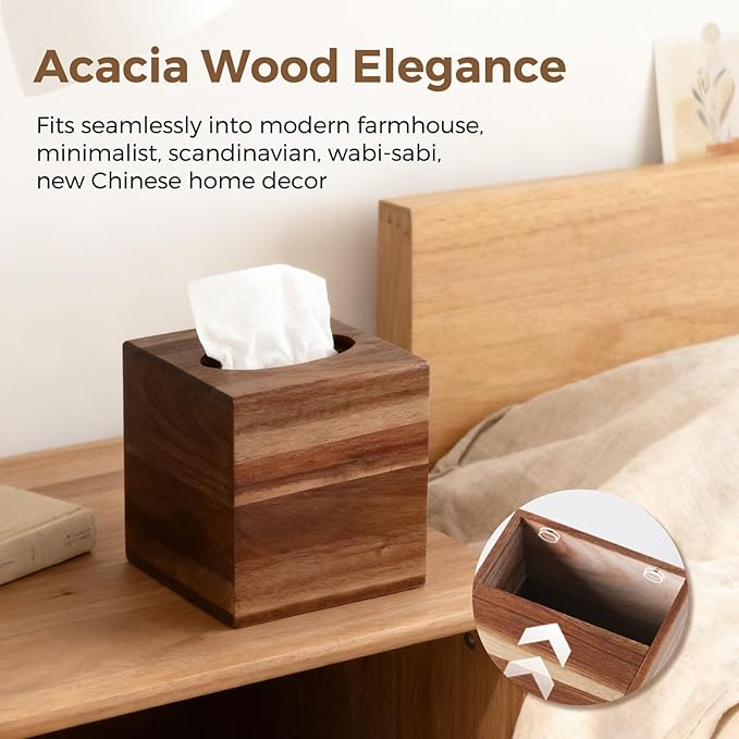 2 Pack Acacia Wood Tissue Box Cover, Square Tissue Box Holder with Slide-Out Bottom, Wooden Cube Tissue Covers Tissue Holders for Bathrooms Office Kitchen