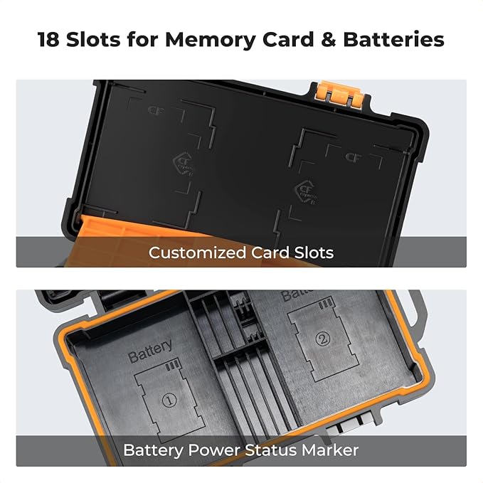 K&F CONCEPT Camera Battery Memory Card Case for 5 SD Cards, 2 Camera Batteries, 6 TF Cards, 3 CFE-A, 2 CF/XQD/CFE-B Cards, Water-Resistant Anti-Shock Case for Camera Batteries, NP-FZ100/NP-FZ50