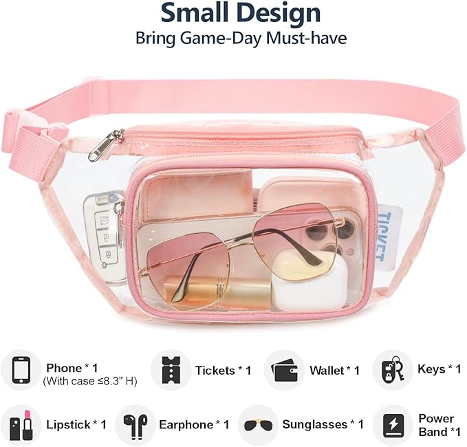 Veckle Clear Fanny Pack Stadium Approved - Adjustable 33-47 Inch Strap, Transparent Belt Bag for Women Men Fits 7.5-inch Smartphone, Waist Bag Clear Bag for Stadium Events, Sport, Concerts, Rose Pink
