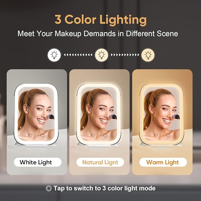 FUNTOUCH Rechargeable Travel Makeup Mirror with Lights, Light up Portable Vanity Mirror with 80 LEDs,2000mAh Battery,Brightness Adjustable,3 Lighting, Dimming Compact Mirror