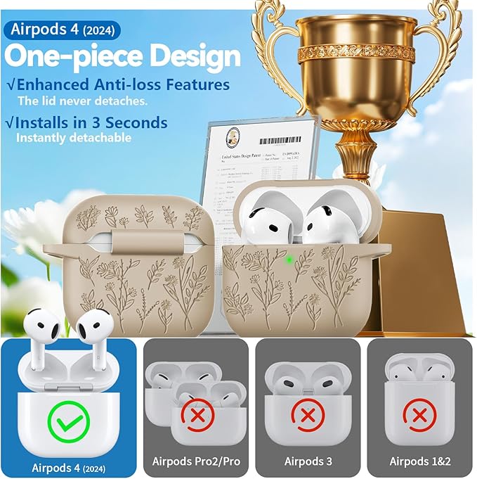 for Airpods 4 Case, Ekoonpft Flower Engraved Cases for Apple AirPods 4th Generation 2024, Soft Silicone Cover for Women Girly with 3-in-1 Cleaning Kit & Keychain, Anti-Scratch, Shockproof