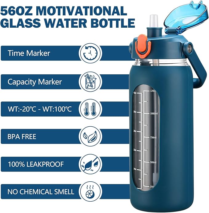 56oz Glass Water Bottles with Straw, Motivational Glass Bottle with Silicone Sleeve and Time Marker, Leakproof Large Glass Water Jug for Gym Home Office,Blue