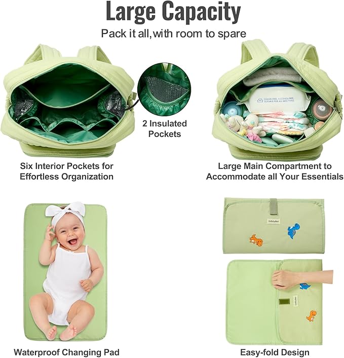 GOBABYMART Diaper Bag Backpack with Changing Pad - Travel Baby Bag, Insulated Bottle Pockets, Stroller Straps (Medium - Green Dinosaurs)