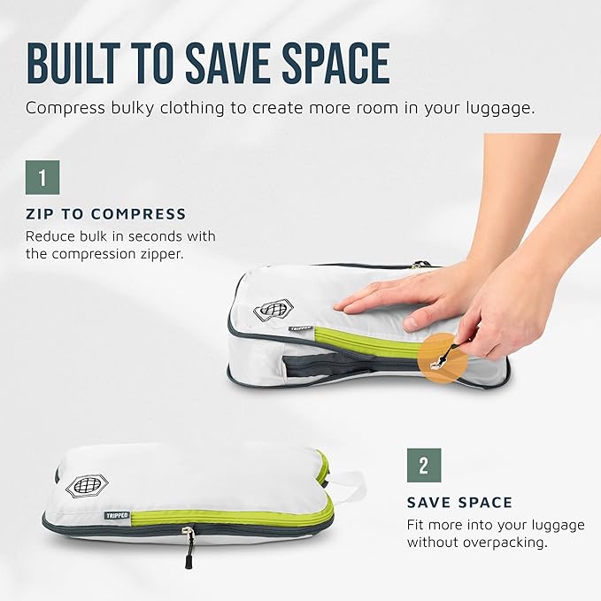 Large Compression Packing Cubes for Travel-Packing Cube Luggage Organizers 7 Piece Set for Checked Luggage-Ultralight, Expandable/Compression Bags by TRIPPED Travel Gear (White/Green)