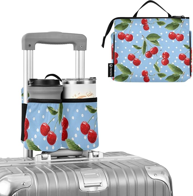 Luggage Cup Holder for Suitcases Free Hands Suitcase Cup Holder Travel Luggage Drink Holder Portable Luggage Cup Caddy Bag Carrier with Handle Light Blue Dots Red Cherry