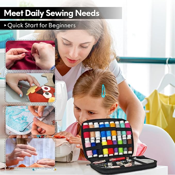 OKOMER 87 Pcs Sewing Kit with Embroidery Supplies, Complete Premium Sewing Repair Set with Needle Thread Scissors, Portable Travel Kit for Adults Beginners Home DIY, Gift for Mother and Grandma