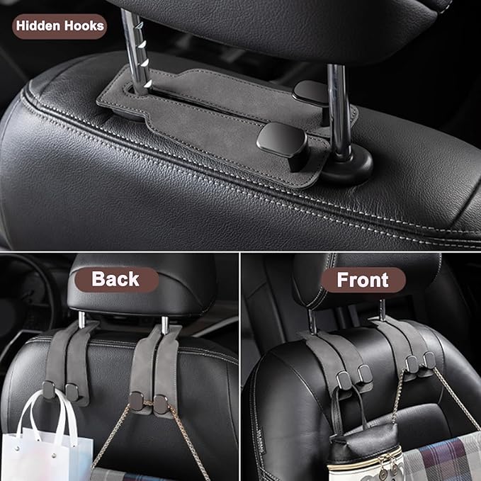 Amelity Universal Car Headrest Hooks, Women’s Car Interior Accessories for Purses Handbags Grocery & Backpacks, Gray 4 Pack