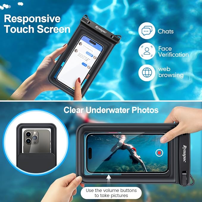 Rynapac Floating Waterproof Phone Pouch [Up to 8.5''] - 2 Pack IPX8 Double Space Waterproof Phone Case with Adjustable Lanyard for iPhone 17 16 15 14 Pro Max, TouchScreen, Beach Cruise Essentials 2026