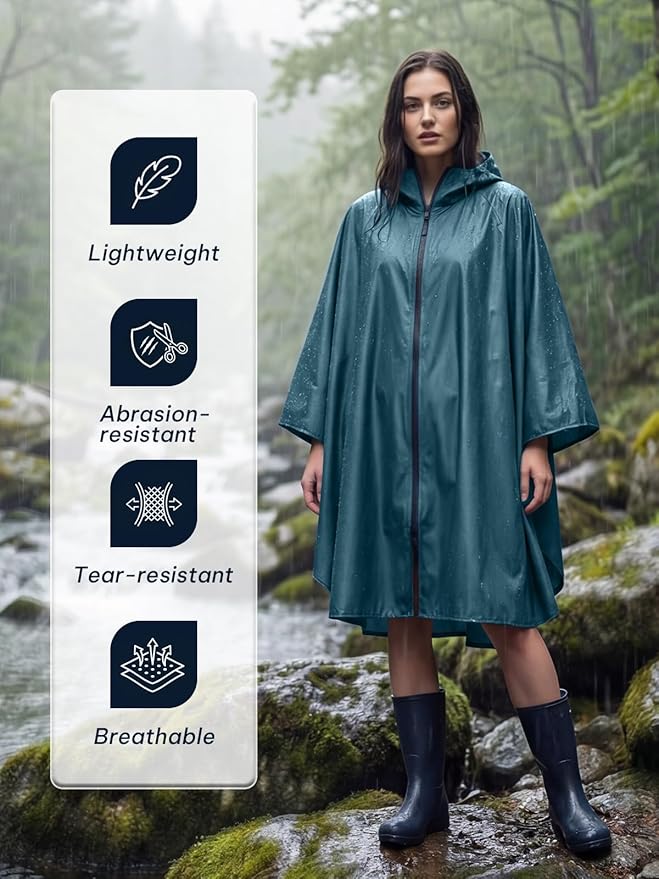 SaphiRose Lightweight Waterproof Rain Poncho for Adults with Hood Portable Rainwear for Outdoor