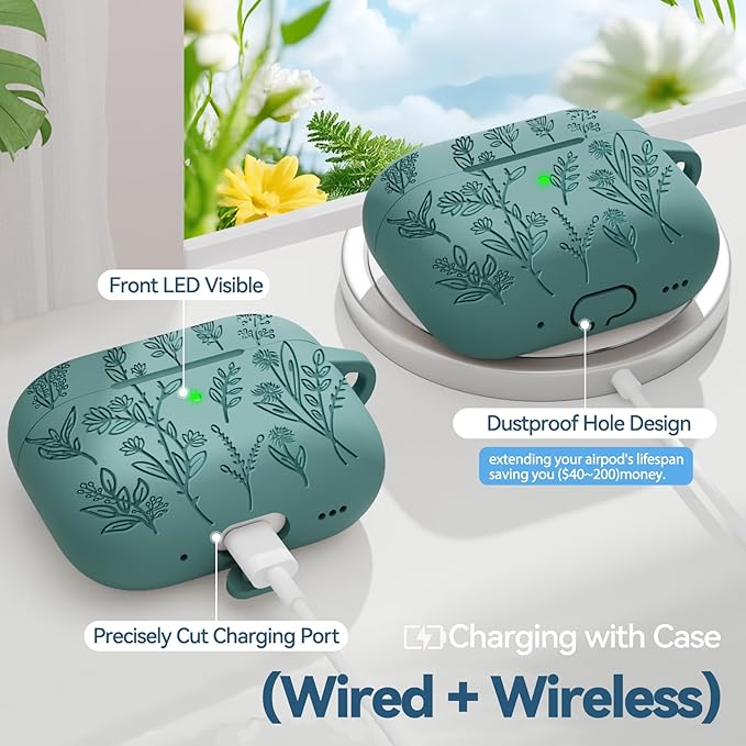 Ekoonpft for Airpods Pro 3 Case, Flower Engraved Cases for Apple AirPods Pro 3rd Generation 2025, Soft Silicone Cover for Women Girly with Cleaning Kit & Keychain, Anti-Scratch, Shockproof