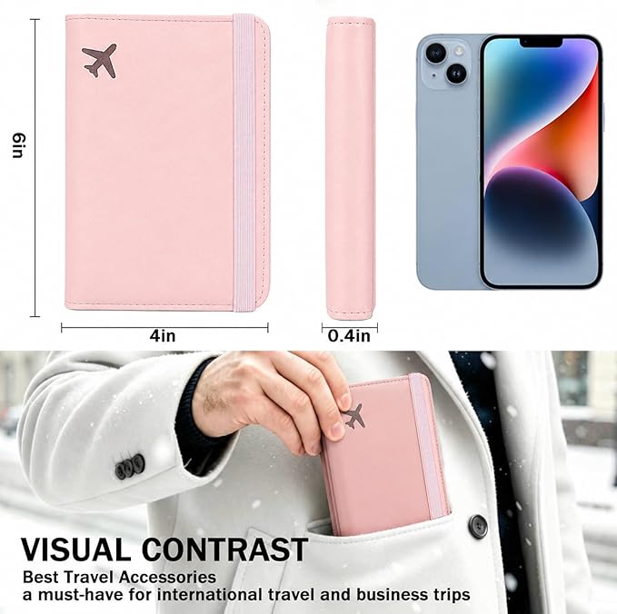 ZOPPEN RFID Blocking Passport Holder for Travel – PU Leather Waterproof Lightweight Passport Cover Wallet for Women Men, Travel Organizer with Card Slots for Airline Tickets & Passport Book, Pink