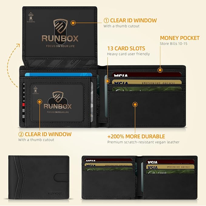 RUNBOX Wallet for Men -Slim Rfid Leather Mens Bifold Novelty Wallets 2 ID Window With Gift Box Men's Accessories | Slim