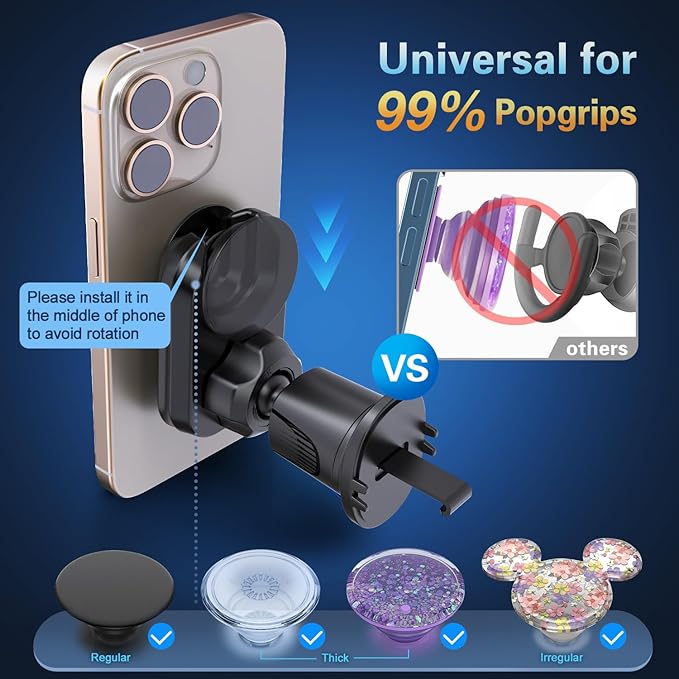 pop-tech Car Vent Phone Mount for Thick Socket Grip, Air Vent Clip Phone Holder Compatible with Magsafe Wallet Black & iPhone Samsung Card Holder, Cellphone Stand with Sticky Adhesive
