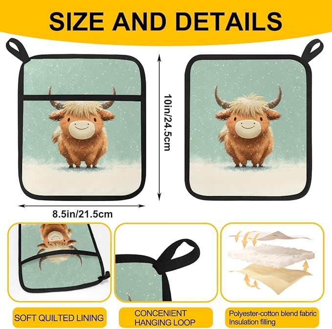 Cute Snow Calf Pot Holders with Pockets 2 PCS, Heat Resistant Oven Mitts Hot Pads for Kitchen Baking Cooking, Square Thick Pot Holders Kitchen Hot Potholders, 8.5x10 Inches