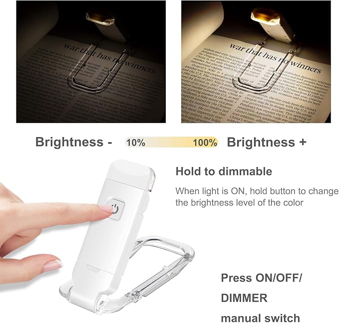 HONWELL Rechargeable Clip On LED Book Light, 3 Brightness Levels Dimmable Bookmark Light for Eye-Protection, Portable Reading Lamp for Bookworms, Travel (White)