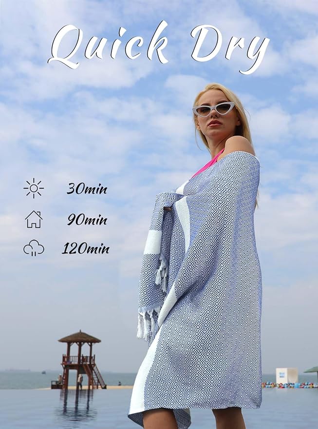 cabanana Turkish Beach Towel Oversized - 40"x70" Quick Dry Sand Free Thin Beach Towels for Adults,Extra Large Cotton Lightweigh Travel Towel for Beach Accessories (Diamond Blue)