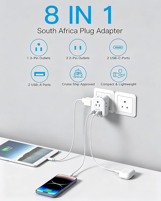 South Africa Travel Plug Adapter 2 Pack, HANYCONY Type M Power Adapter with 4 AC Outlets 4 USB Ports(2 USB C) for US to Botswana Namibia Nepal Bhutan Sri Lanka
