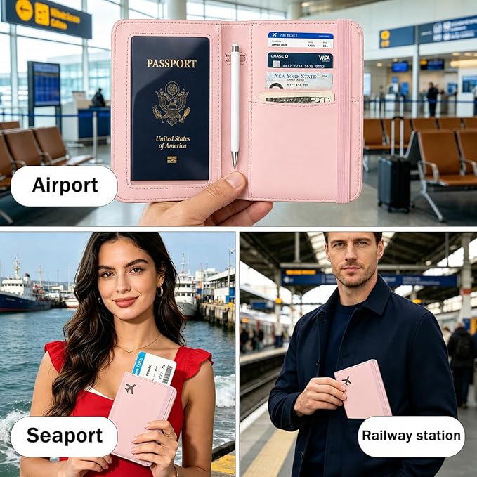 ZOPPEN RFID Blocking Passport Holder for Travel – PU Leather Waterproof Lightweight Passport Cover Wallet for Women Men, Travel Organizer with Card Slots for Airline Tickets & Passport Book, Pink