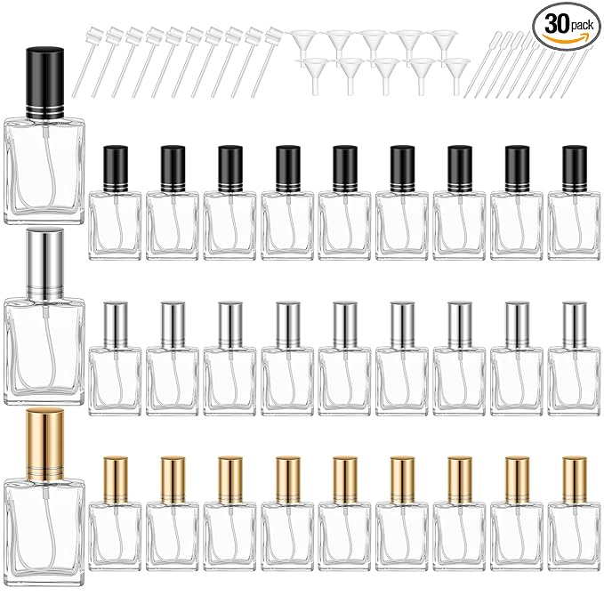 Domensi 30 Pcs 10/15/30/50 ml Glass Perfume Bottles Mini Glass Empty Spray Atomizer Bottles Bulk Refillable Perfume Dispenser Container with Pump Tool for Travel Skin Care (15 ml,Black,Gold,Silver)