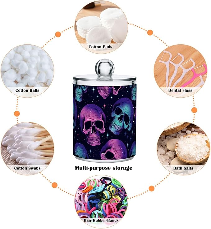 2 Pack Qtip Holder Organizer Dispenser Neon Skulls Bathroom Storage Canister Cotton Ball Holder Container for Cotton Pads/Swabs/Floss