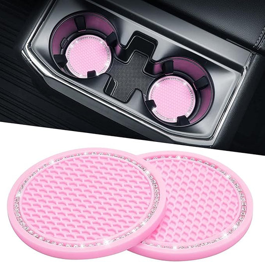 JOYTUTUS Cup Holder Coasters for Car, 2 Pack Universal Anti-Slip Car Coasters with Crystal Rhinestone, 2.75 inch/6.98 cm PVC Cup Holder Insert Coaster, Pink Car Accessories (Pink with Diamond)