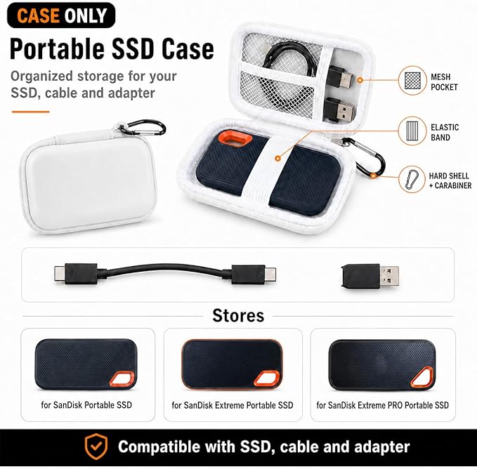 PAIYULE SSD Case for SanDisk Extreme Portable SSD Old & New Model and Extreme PRO,Hard Shell Protective Storage Bag, Fits 1TB 2TB 4TB 8TB External Solid State Drive for Travel(White)