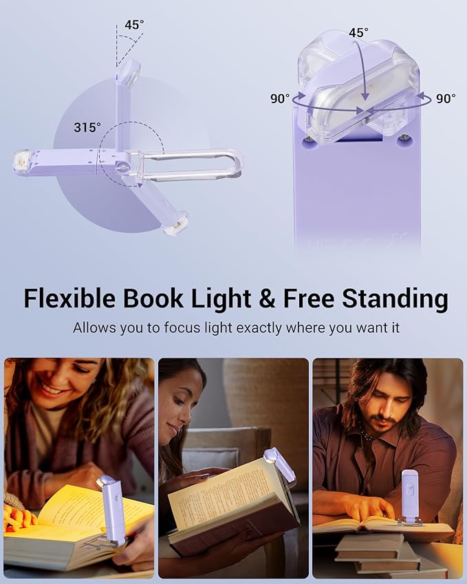 DEWENWILS USB Rechargeable Book Reading Light, LED Clip on Booklight Flexible Reading Lights in Bed, Car at Night, 4 Brightness Adjustable, Perfect for Bookworms, Kids (Purple)
