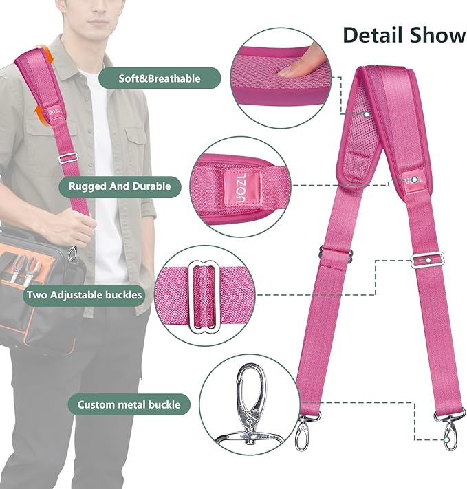 67 Inch Shoulder Straps, Soft with Ultra-Thick Fixed Shoulder Pad, Two Way Independently Adjustable Buckle Replacement Straps for Laptop Bag Messenger Bag Tool Bag Luggage,Rose Red