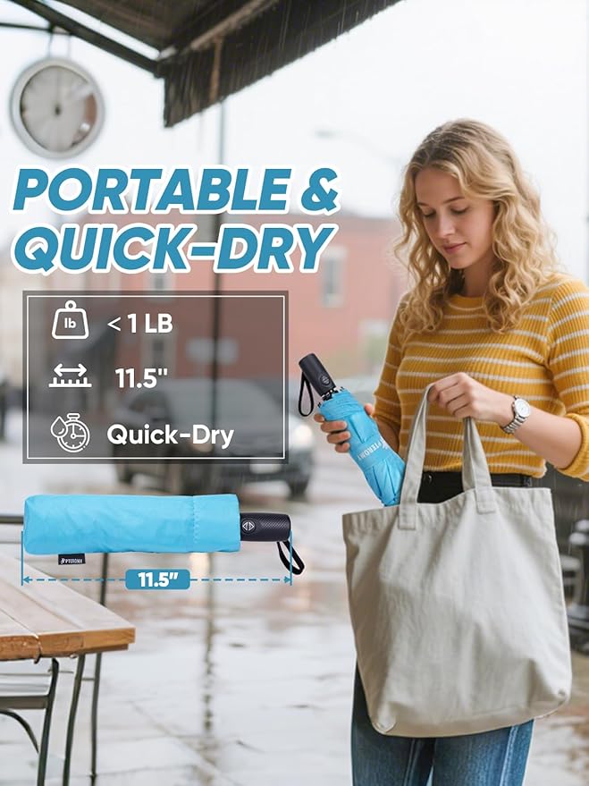 PTEROMY Windproof Travel Umbrellas for Rain and Sun, Withstands 85MPH Winds Auto Open Close Folding Umbrella with Ergonomic Handle, Quick Dry Canopy for Commuting or Backpack