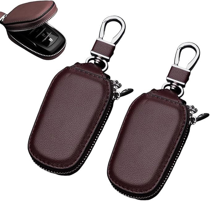 Yourkar 2 PCS Car Key Case, Genuine Leather Auto Key Fob Storage Bag, Key Chain Holder Key Ring Zipper Bag, Car Accessories (Coffee)