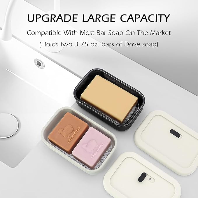 AIDIMMING Large Leak Proof Travel Soap Case, Vented Shampoo Bar Holder for Kitsch Shampoo and Conditioner Bar Set, Drain Tray Container for Large Bars, Handmade Bars, Travel Gym (Offwhite& Black)