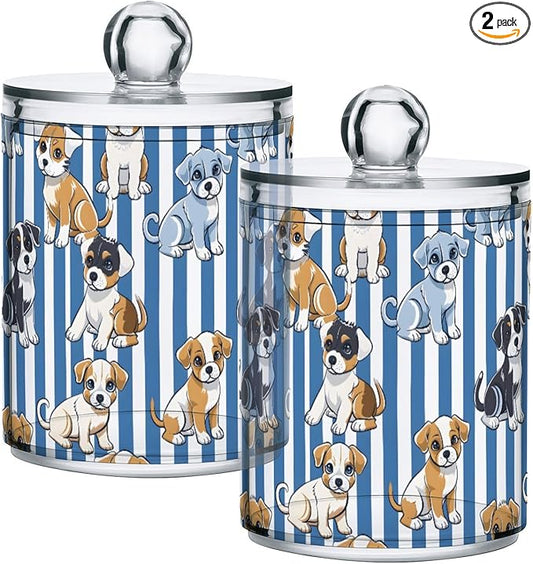 2 Pack Qtip Holder Organizer Dispenser Cute Puppies Blue White Stripes Bathroom Storage Canister Cotton Ball Holder Container for Cotton Pads/Swabs/Floss